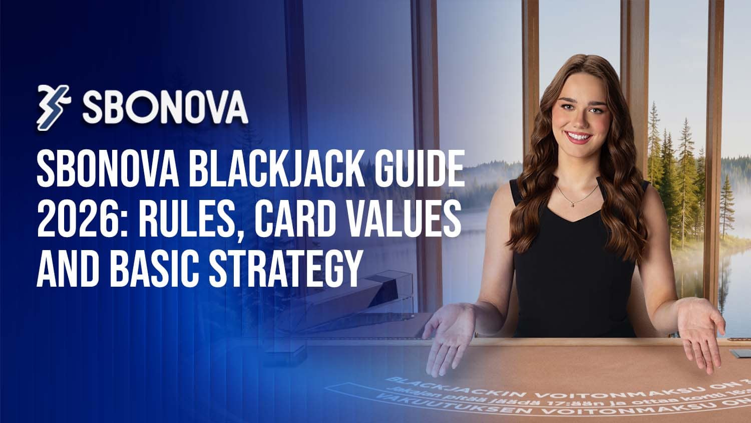 SBONOVA blackjack guide with playing cards, casino chips and blackjack table